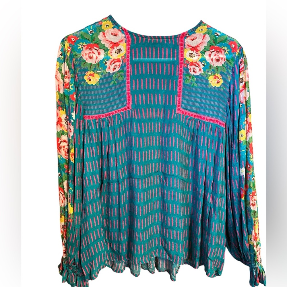 Anthropologie Blank London Blouse Miranda Peasant Sleeve in Eclectic Blue small